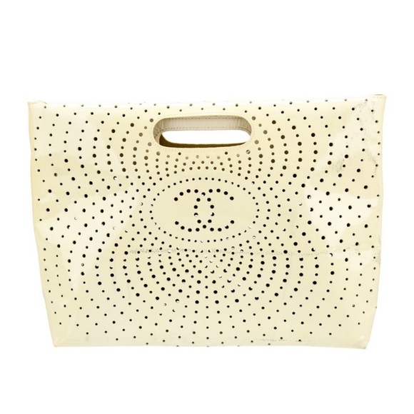 Vintage Chanel Yellow Patent Leather Clutch Perforated CC Logo 03 Karl Lagerfeld - Picture 1 of 6